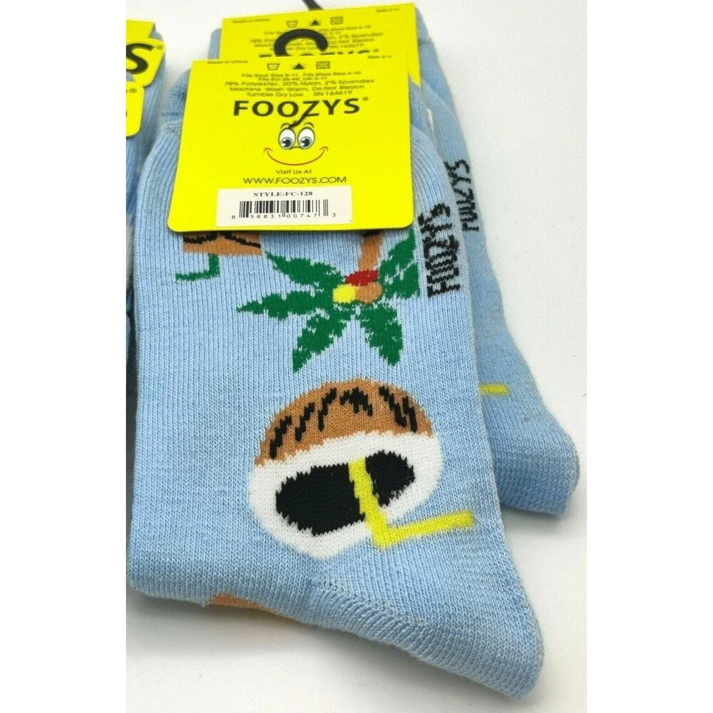 NWT FOOZY'S LADIES 4 PAIR TIKI BAR SOCKS TIKI TORCH PALM TREE LT BLUE SZ 4-10